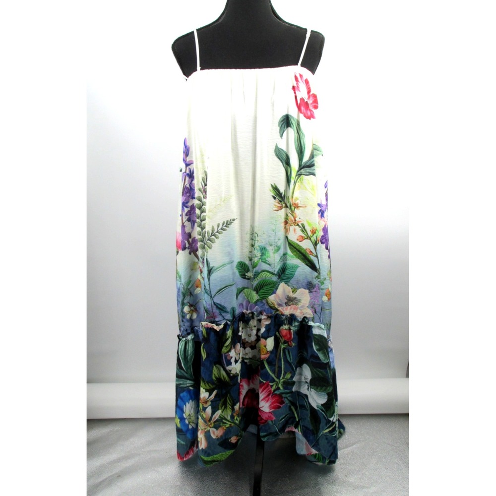Anthropologie Maxi Ruffle Cascade Dress Womens L Ivory Floral Whimsical Fairy